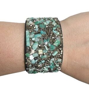 Genuine Green Stone Chip Black Faux Suede Snap Wide Bracelet